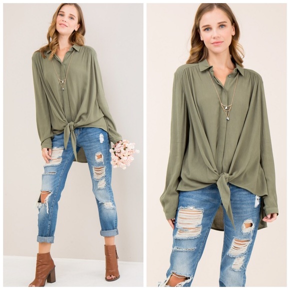 ❤️LAST 1! Must Have Hi Lo Tie Front Olive Tunic! - Picture 3 of 4